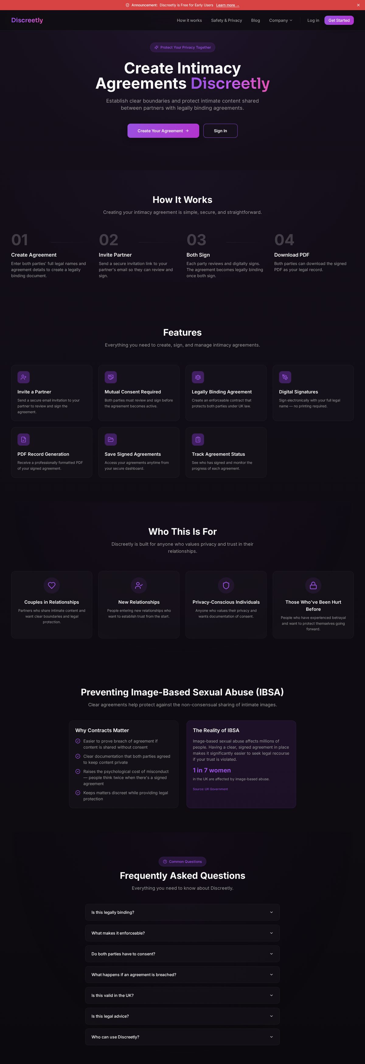 discreetly.app — website for a digital agreements app